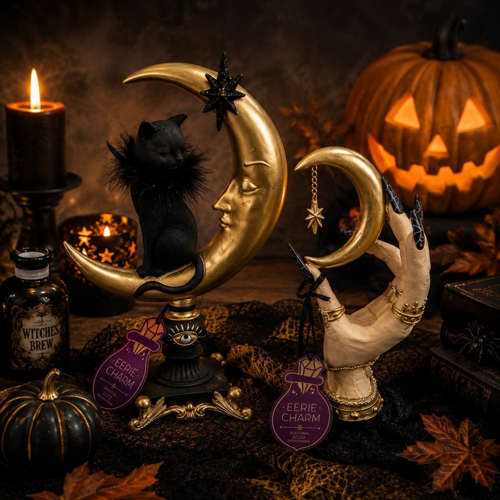 Gothic Celestial Halloween Decor Set Black Cat Moon & Witch Hand Shelf Statues